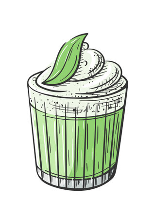 Cocktail thai basil hand drawn isolated on white background. Vintage sketch of glass of alcoholic drink. Colorful party cocktail. Vector illustrationのイラスト素材