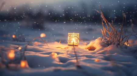 Lantern in the snow. Winter landscape. Christmas decoration.の素材
