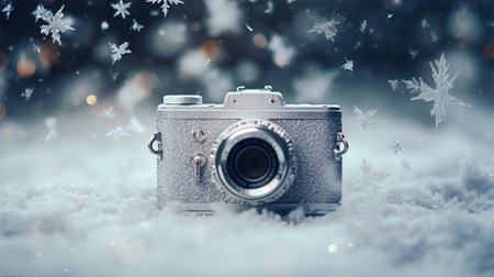 Vintage camera in snow with bokeh lights and snowflakesの素材