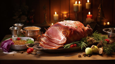 Smoked pork knuckle with spices and herbs on a wooden tableの素材