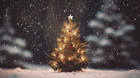 Christmas tree in snowy forest. Christmas and New Year holidays background.の素材