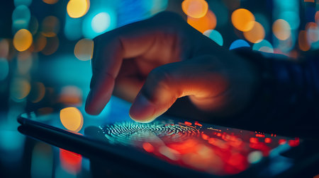 Digital Access, Close-Up of Hands Scanning Fingerprint in Night Cityの素材