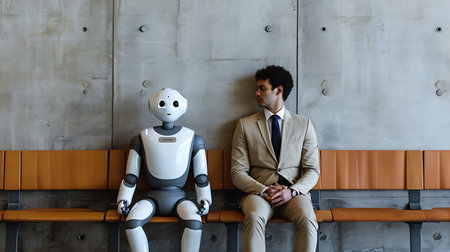 Job Seekers of Tomorrow, Human and AI Robot in Interview Sceneの素材