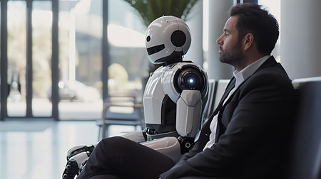 Job Seekers of Tomorrow, Human and AI Robot in Interview Sceneの素材