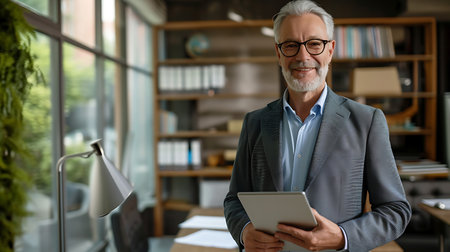Portrait of Success, Smiling Older Businessman in Office with Tab Computerの素材