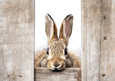 Rabbit looking out of a hole in a wooden fence. Easter concept.の素材