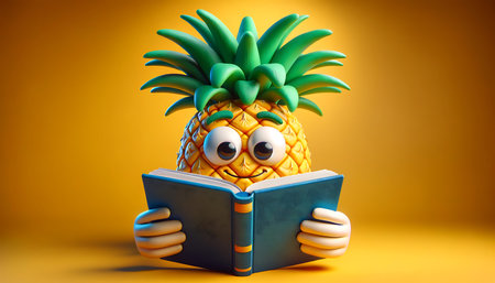 A cartoon 3D render of a humorous pineapple character reading a book, looking directly at the camera, set against a vibrant yellow background.の素材