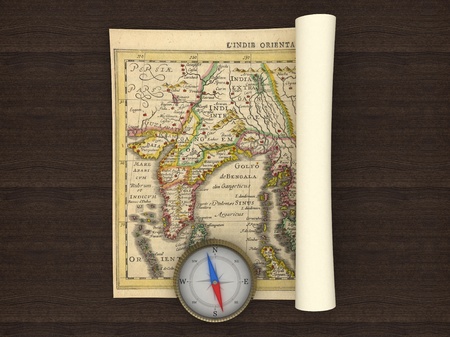 Old Map and Compass on the tableの写真素材