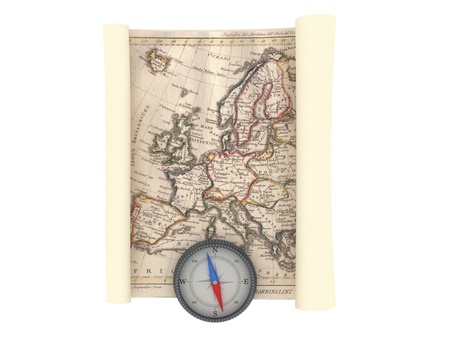 Old Map and Compass Isolated on white