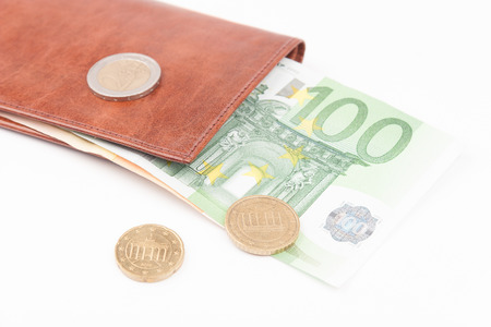 Brown wallet with EU money and coins