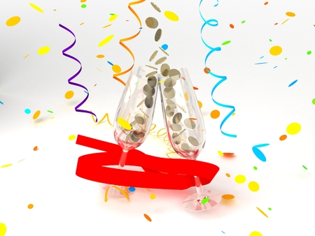 Two glasses with coins, ribbon and serpentineの写真素材