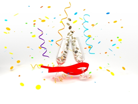 Two glasses with coins, ribbon and serpentineの写真素材