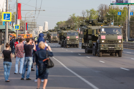 Moscow, RUSSIA - MAY 9 2015: Military transportation on its back way after Victory Day Paradeのeditorial素材