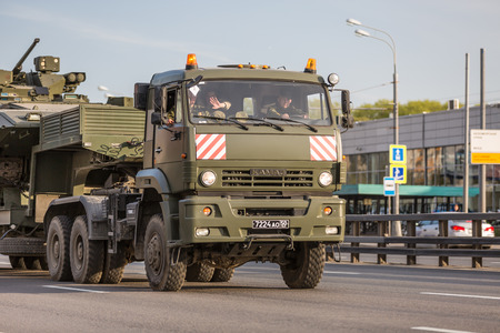 Moscow, RUSSIA - MAY 9 2015: Military transportation on its back way after Victory Day Paradeのeditorial素材