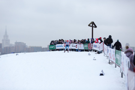 Moscow, RUSSIA - January 18 2015: Race participants of FIS Continental Ski Cup at Poklonnaya Hillのeditorial素材