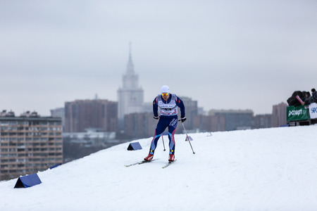 Moscow, RUSSIA - January 18 2015: Race participants of FIS Continental Ski Cup at Poklonnaya Hillのeditorial素材