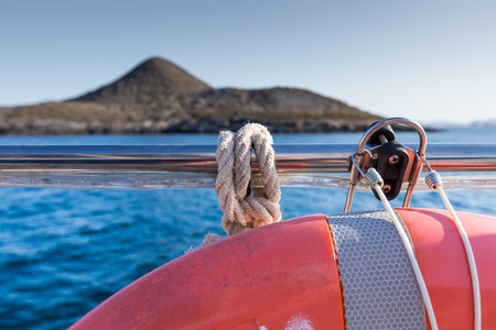 Red and White Safety equipment on the sail boatの写真素材