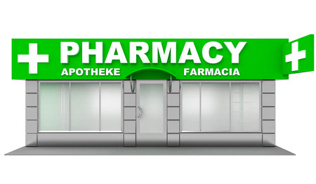 3D Illustration of pharmacy store isolated on white backgroundの写真素材