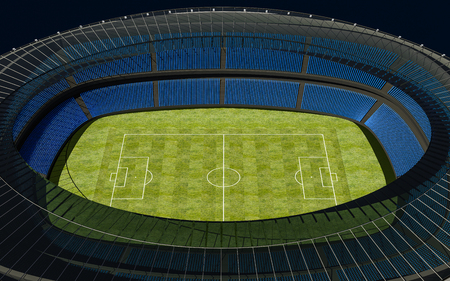 3D illustration of a football stadium with green fieldの写真素材