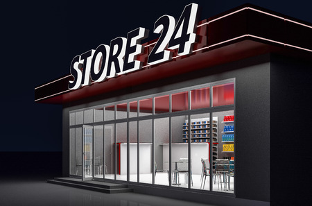 3D illustration of a 24-hour store with cafe at nightの写真素材