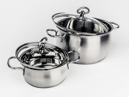 Two Metal stock pots with glass lid. Cookwareの写真素材