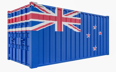 3D Illustration of Cargo Container with New Zealand Flag