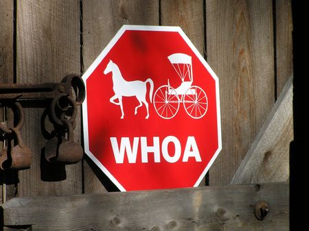 Whoa sign on a barn doorの写真素材