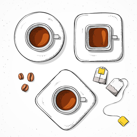 Isolated set cups, coffee bean, tea bag handmade in sketch style. Sketch of Tea Party. Cups for design cards and posters, collage and presentations, web design, background. Retro design. Vintage styleのイラスト素材