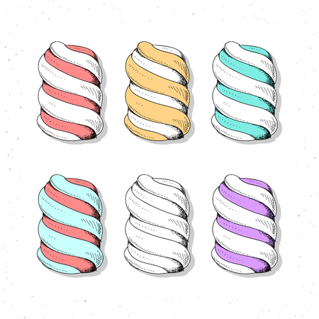Set realistic sketch marshmallows . Zephyr to create a design . Delicious sweets. Zephyr handmade design. Color and monochrome sweets. Bright set of marshmallow in sketch style .のイラスト素材