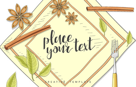 Beauty background with spice, cinnamon, male, bay leaf anise in sketch. Stylish background template. Design, invitations , wedding cards. Elegant design with spice. Culinary patternのイラスト素材
