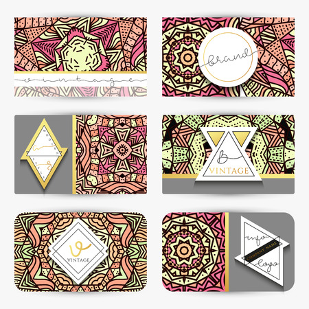 Mandala. Business card with ornament handmade in retro colorsのイラスト素材