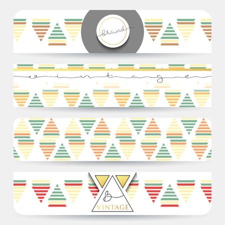 Banner realistic handmade . Vintage banner with geometric patterns . Retro banner in red and yellow colors . Business template for printing .のイラスト素材