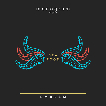 Sea food. Octopus marine theme . Abstract Elegant octopus design template. Linear style. Seafood restaurant vintage outline icon. Emblem Sea monogram style.のイラスト素材