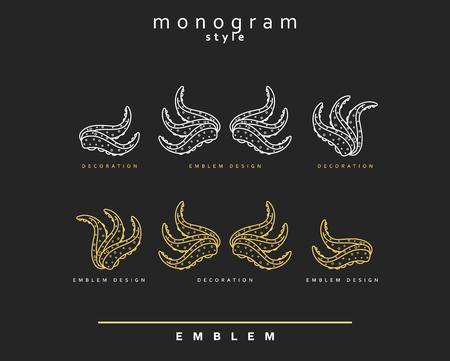 Sea food. Octopus marine theme . Abstract Elegant octopus design template. Linear style. Seafood restaurant vintage outline icon. Emblem Sea monogram style.のイラスト素材