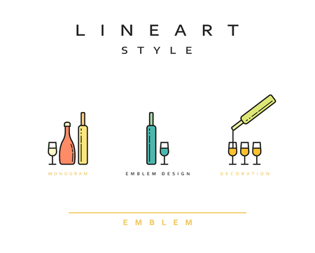 Bottle of wine , cognac , vector icon style line art. Monogram emblem element design style lineart.のイラスト素材