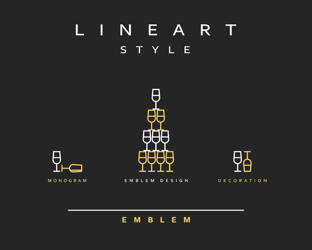 Wine glass icon style line art. Vintage glass icon. Monogram emblem for restaurant design style lineartのイラスト素材