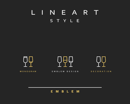 Wine glass icon style line art. Vintage glass icon. Monogram emblem for restaurant design style lineartのイラスト素材