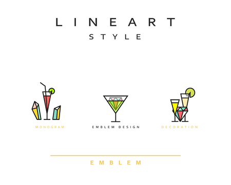 Cocktail wineglass vector icon style line art. Monogram emblem element design style lineart.のイラスト素材