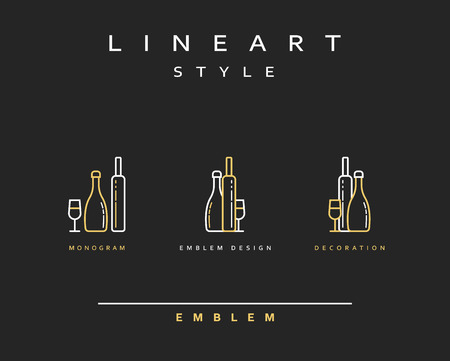 Bottle of wine , cognac , vector icon style line art. Monogram emblem element design style lineart.のイラスト素材