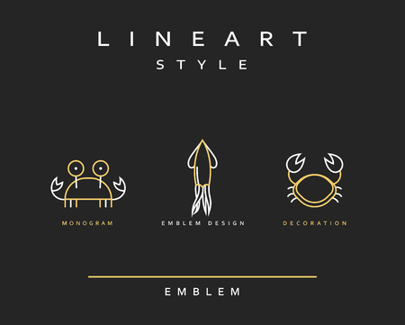Marine life set emblem in linear style. Seafood Elegant emblem design illustration. Marine life icon, Seafood   decorations design elementのイラスト素材