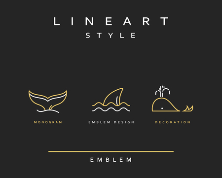 Fish emblem in linear style. Fish Seafood Elegant emblem design illustration. Fish icon, Seafood  decorations design elementのイラスト素材