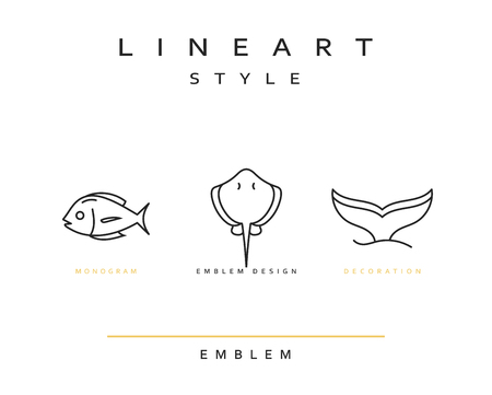 Fish emblem in linear style. Fish Seafood Elegant emblem design illustration. Fish icon, Seafood  decorations design elementのイラスト素材