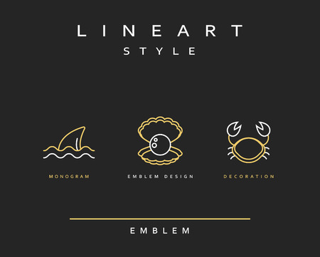 Crab, pearl, and fin emblem in linear style. Seafood Elegant emblem design illustration. Marine life icon , Seafood  decorations design elementのイラスト素材