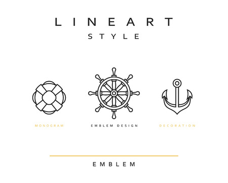 Marine anchor in linear style. Emblem nautical theme for the restaurant. The anchor,  wheel, life buoy, vector illustration of design elementのイラスト素材
