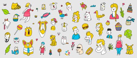 Patch doodle illustration. Set of cartoon characters, animals and people.のイラスト素材