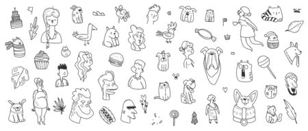 Patch doodle illustration. Set of cartoon characters, animals and people.のイラスト素材