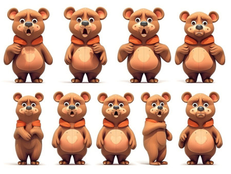 Set Brown bear Cartoon cute character. Collection isolated on white background. generative aiの素材