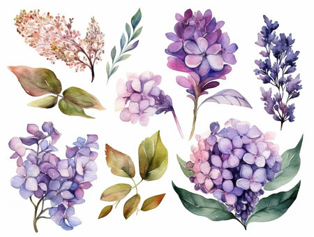 Watercolor floral set. Watercolor Flower leaves collection - for bouquets, wreaths, wedding invitations, anniversary, birthday, postcards, greetings. generative aiの素材