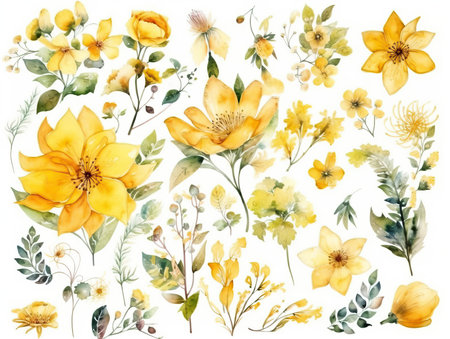 Watercolor floral set. Watercolor Flower leaves collection - for bouquets, wreaths, wedding invitations, anniversary, birthday, postcards, greetings. generative aiの素材