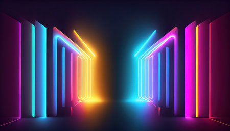 Abstract futuristic neon background. Linear lines of light.Neon Sci Fi Futuristic Modern Vibrant Purple Blue pink colors. Abstract neon lights into digital technology. generative aiの素材